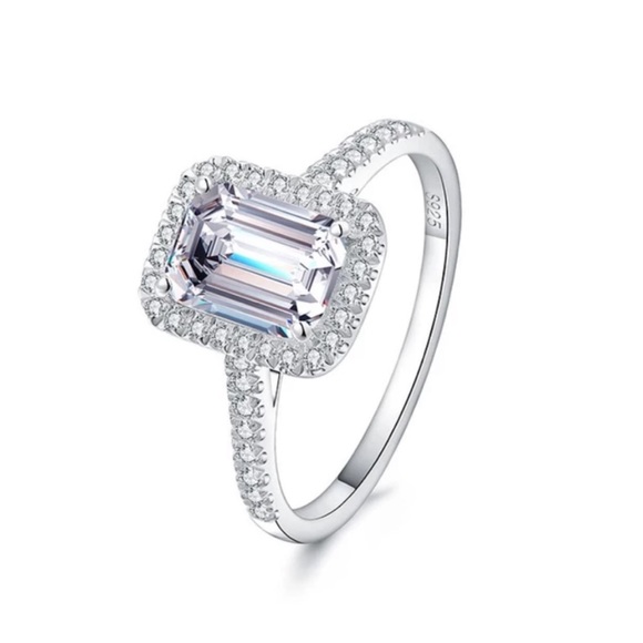 Swarovski Elements 925 Sterling Silver Emerald-Cut Halo Solitaire Ring NEW - Picture 1 of 10